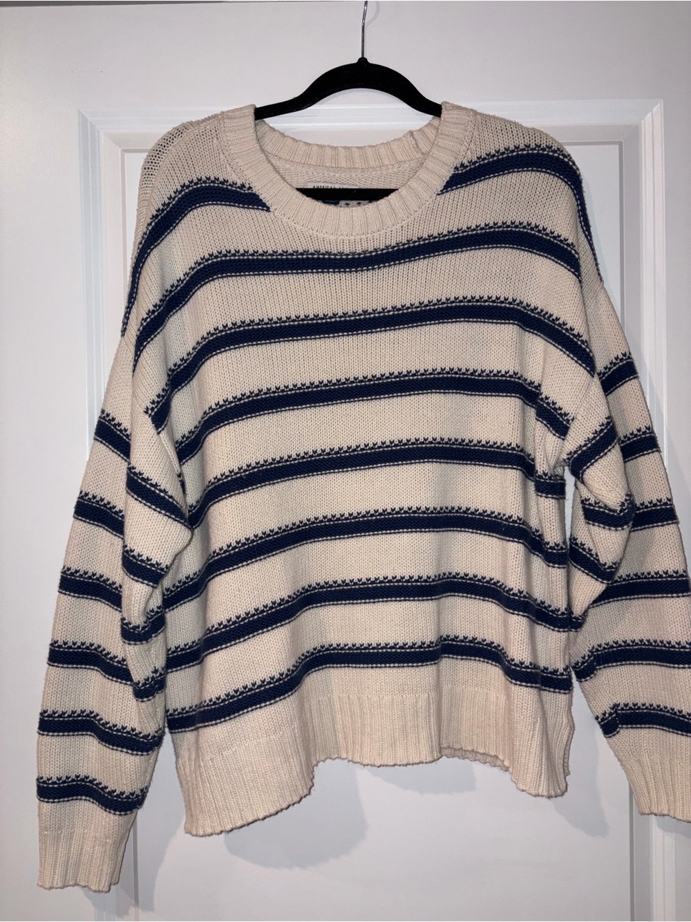 American Eagle Outfitters Cream & Navy Striped Crewneck Sweater